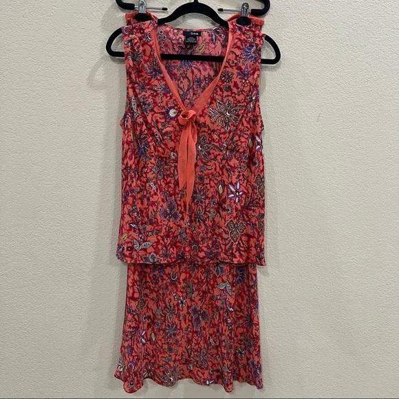 Y2K LinQ Los Angeles Women's Ruched Floral 100% Silk Set Sz L Boho Cottagecore - Picture 1 of 10
